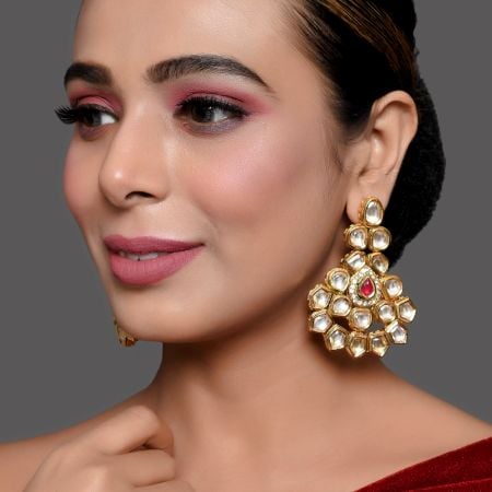 Mirror Stone Statement Earrings with Ruby Accent Center